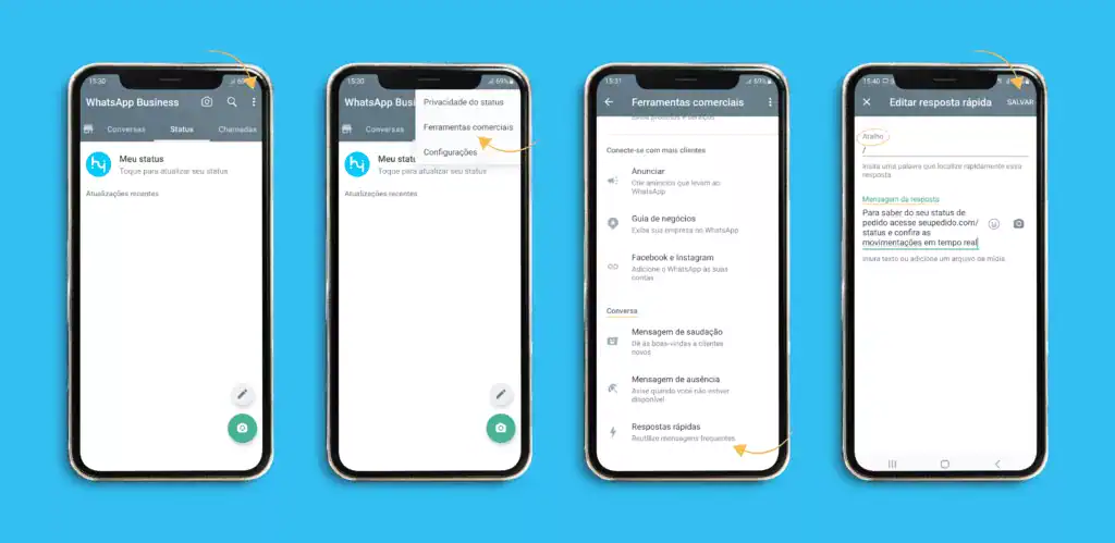 Tela mostrando o passo a passo de como configurar mensagens rápidas no WhatsApp
