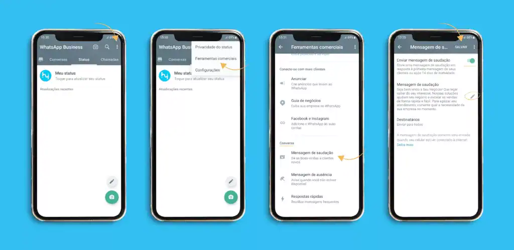 Tela mostrando o passo a passo de como colocar mensagens automáticas de ausência e saudação no WhatsApp